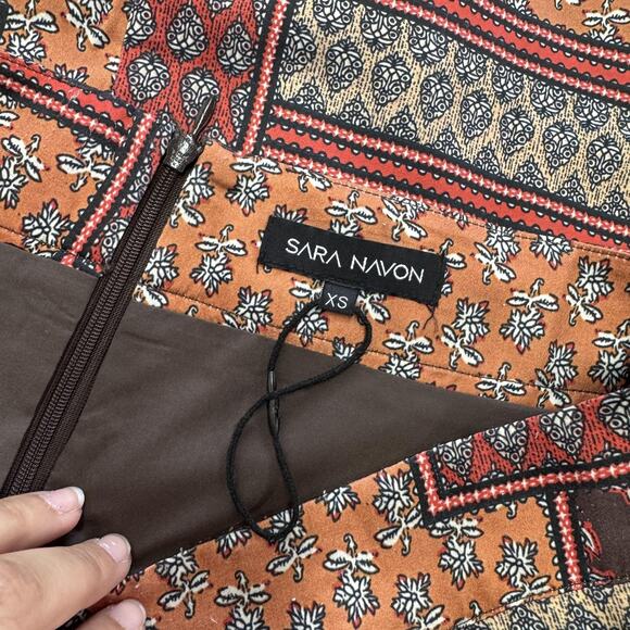 Sara Navon Skirt Womens XS Brown Orange Boho Patchwork A-Line Lined Midi Floral - Picture 3 of 7